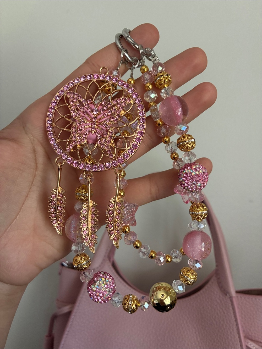 Pink Crystal Butterfly Dream Catcher Beaded Bag Chain - Picture 3 of 4